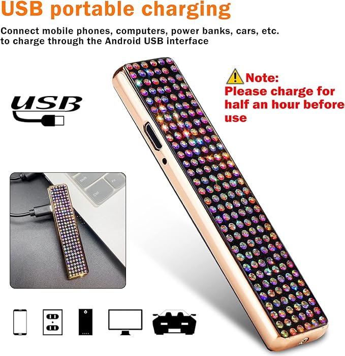 Rhinestone Lighter Electric Lighter Rechargeable Bling Glitter USB Lighter Flameless Girls Lighter for Women (Black Multi)
