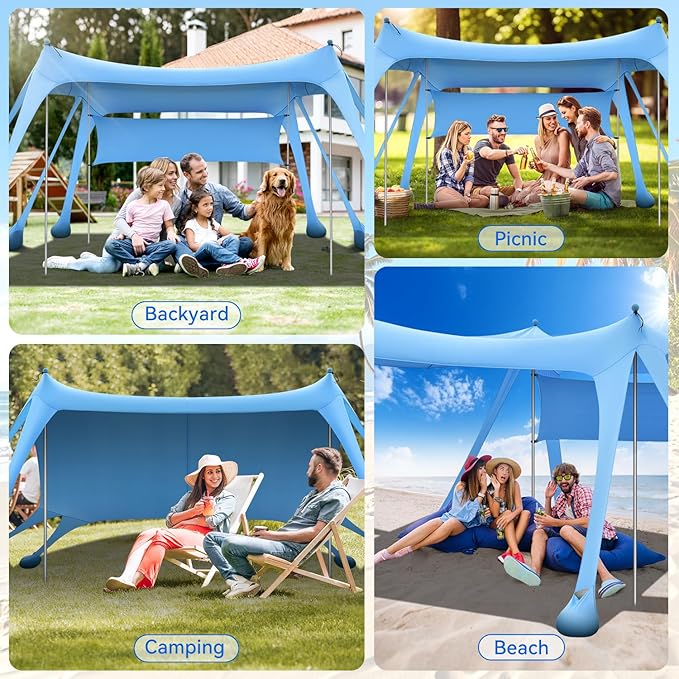 Large Beach Canopy UPF80+ Uv Protection Beach Tents Sun Shelter, Beach Shade Canopy with 8 Sandbags, 4 Stability Poles, Sand Shovel Ground Pegs for Outdoor Camping, Picnics (10x10ft, Sky Blue)
