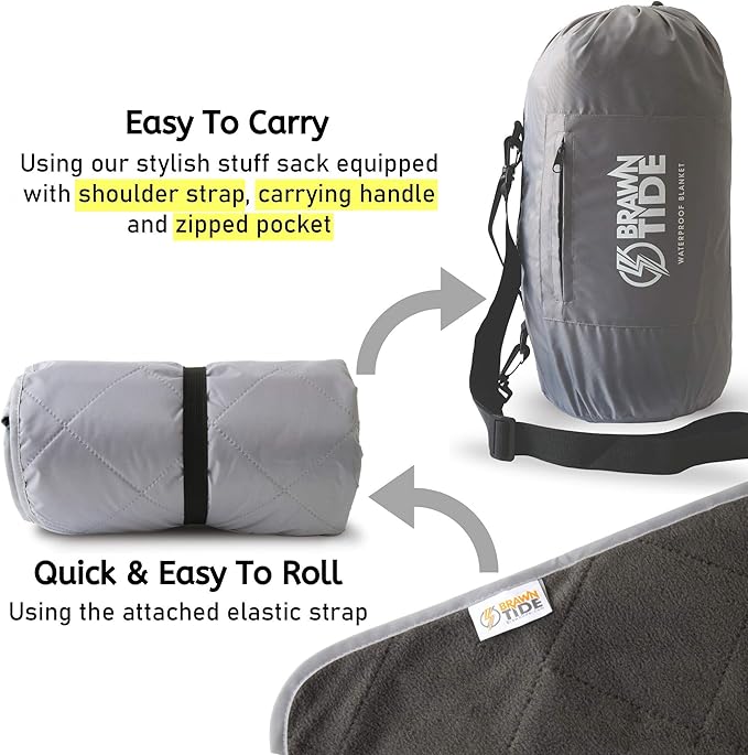 BRAWNTIDE Large Outdoor Waterproof Blanket - Quilted, Extra Thick Fleece, Warm, Windproof, Sandproof, Includes Stuff Sack, Shoulder Strap, Ideal for Beaches, Picnics, Camping, Stadiums, Dogs, Car