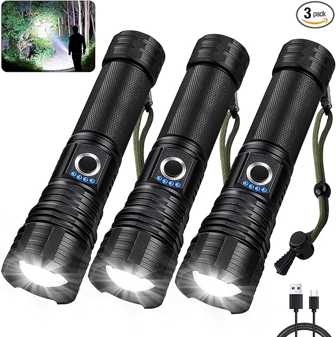 3 Pack Flashlights High Lumens Rechargeable, 990,000 Lumens Super Bright Flashlight with 5 Modes, High Powered Flash Light, Handheld LED Flashlights for Home Camping, IPX6 Waterproof