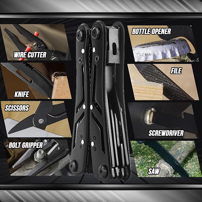 Multitool 12-in-1 with EDC Pocket Folding Knife,Needle Nose Pliers, Wire Stripper, Pocket Clip, Screwdriver Sleeve, Stainless Steel Multi tool Gear for Outdoor, Survival, Camping, Hiking, Repair