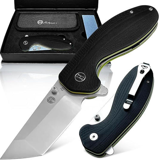 Holtzman's Gorilla Survival Folding Knife D2 Steel Blade G10 Handle Pocket Knife EDC Giftset for Men and Women (half stonewashed half silver blade + black/green liner)
