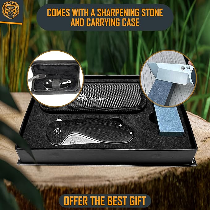 Holtzman's Gorilla Survival 'Pioneer' Folding Knife featuring D2 Steel Blade with G10 Handle in Gift Box Set (Silver)