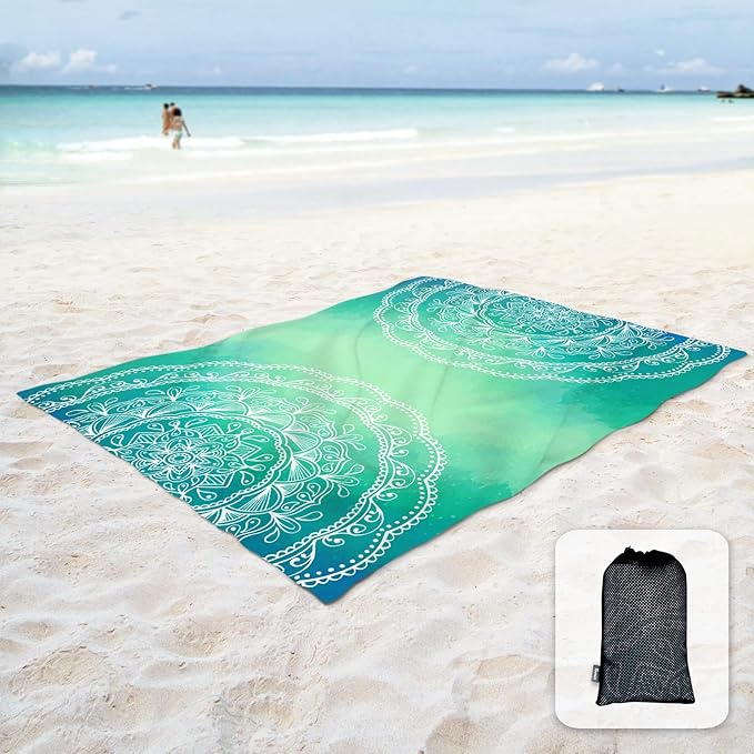 Sunlit Silky Soft 106"x81" Boho Sand Proof Beach Blanket Sand Proof Mat with Corner Pockets and Mesh Bag for Beach Party, Travel, Camping and Outdoor Music Festival, Bright Turquoise Mandala
