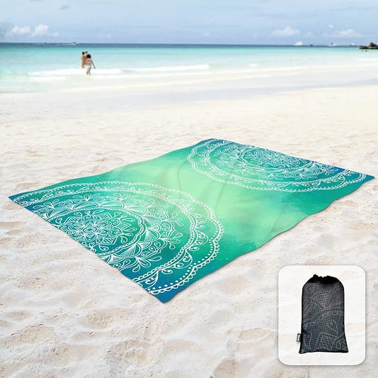 Sunlit Silky Soft 106"x81" Boho Sand Proof Beach Blanket Sand Proof Mat with Corner Pockets and Mesh Bag for Beach Party, Travel, Camping and Outdoor Music Festival, Bright Turquoise Mandala