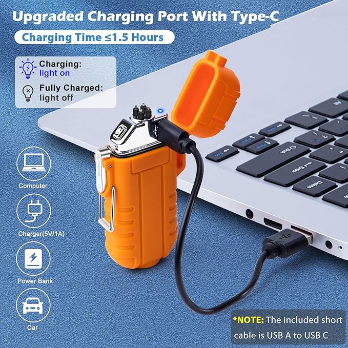 LcFun Arc Plasma Waterproof Lighter Electric Windproof Lighter USB Type C Rechargeable Flameless Cool Lighters with Flashlight and Whistle for Camping, Survival,Outdoor Adventure, Tactical (Orange)
