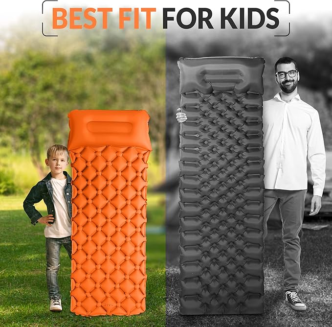Kids Sleeping Pad for Camping and Sleepovers with Pillow, Inflatable Camping Mattress for Backpacking & Travel, Thick Toddler Cot Mat, Fast Inflating Camping Sleeping Pads for Kids