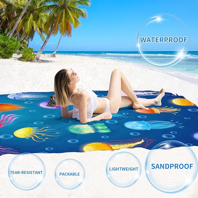 BYDOLL Beach Blanket Jellyfish Sandproof Waterproof 78''×81''1-4 Kids Adults Compact Lightweight Oversized Blanket Large Picnic Mat Beach Blanket for Travel Camping Hiking Picnic