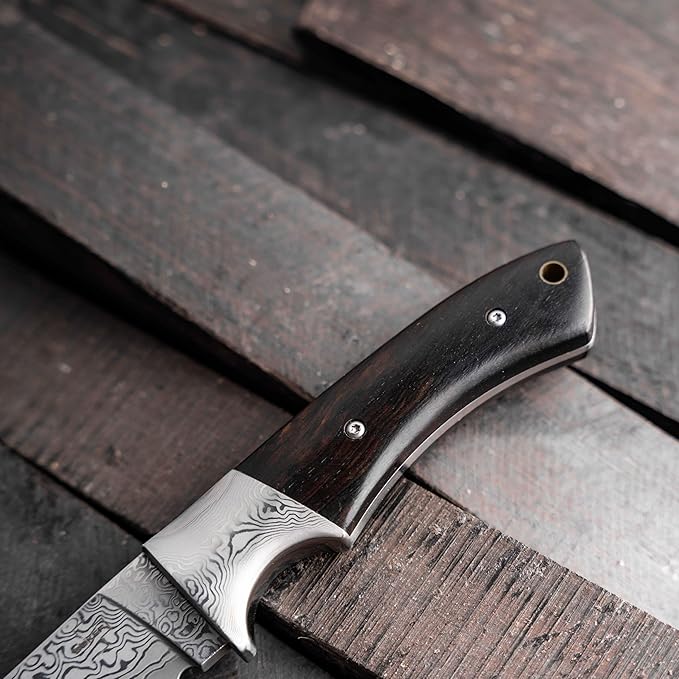BÖKER PLUS® M-One Damascus hunting knife - fine Damascus knife with fixed blade & leather sheath - bushcraft knife with ebony wood handle - Damascus outdoor knife in gift box