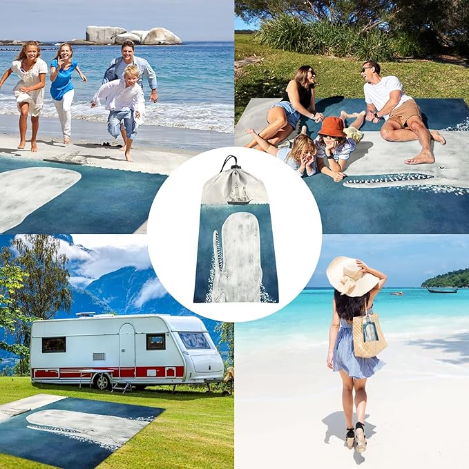 Beach Blanket Sandproof, Large Waterproof Foldable Picnic Blanket 78''×86'' 4 Adults, Lightweight Portable Sand Free Beach Mat Accessories with 4 Stakes for Outdoor, Travel, Camping - White Whale