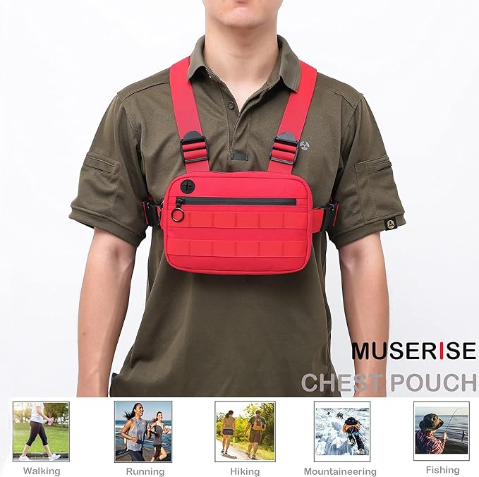Outdoor Sports Utility Chest Pack,Tactical EDC Chest Bag For Men, Lightweight Conceal Chest Pouch Holster, Chest Rig Vest With Built-In Phone Holder For Workouts, Cycling & Hiking (Red)