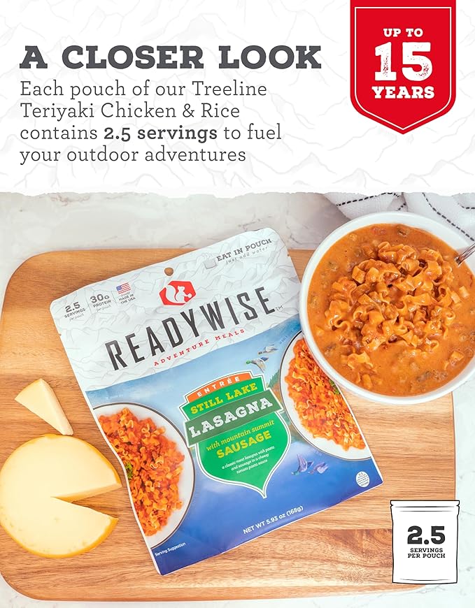READYWISE - Adventure Meal, Cheesy Lasagna, 2 Servings, Pack of 1, Emergency Preparedness, Freeze Dried Food, MRE, Snack Pack or Emergency Food, Backpacking, Camping, Hiking, and, Survival Food