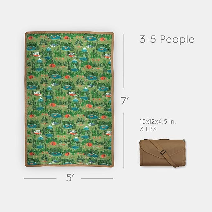 Little Unicorn Outdoor Family Picnic & Beach Blanket, Water-Resistant, Compact Fold, Large Size, 5 x 7 feet, (Camp)