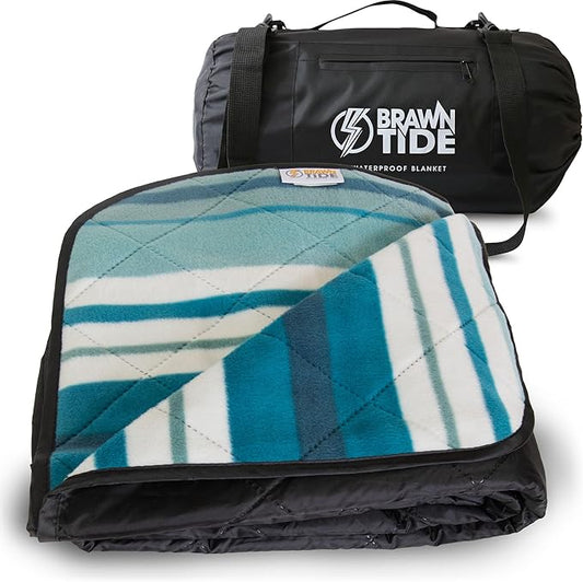 BRAWNTIDE Large Outdoor Waterproof Blanket - Quilted, Extra Thick Fleece, Warm, Windproof, Sandproof, Includes Stuff Sack, Shoulder Strap, Ideal for Beaches, Picnics, Camping, Stadiums, Dogs, Car