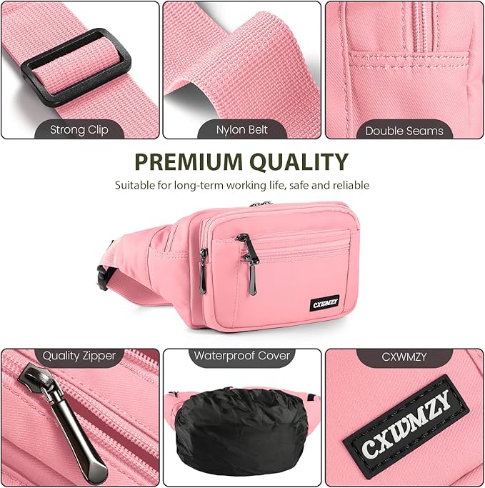 CXWMZY Fanny Packs For Women & Men Waist Pack Hip Bum Bag with Multi-Pockets Large Capacity Waterproof Casual Bum Bag for Disney Traveling Casual Cycling Running Hiking (Pink)