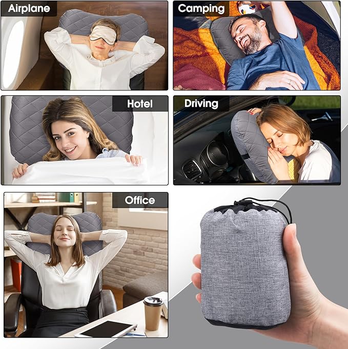 Inflatable Camping Pillow with Removable Cover - Ultralight Compact Camp Pillows for Sleeping, Backpacking, Hiking, Beach, Outdoor - Portable Blow Up Air Travel Pillow for Neck & Lumbar Support - Grey