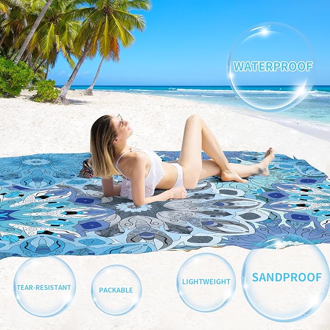 BYDOLL Beach Blanket Sandproof Waterproof 78''×110'' 1-7 Adults Compact Lightweight Oversized Beach Blanket Large Picnic Mat Beach Blanket for Travel Camping Hiking Picnic