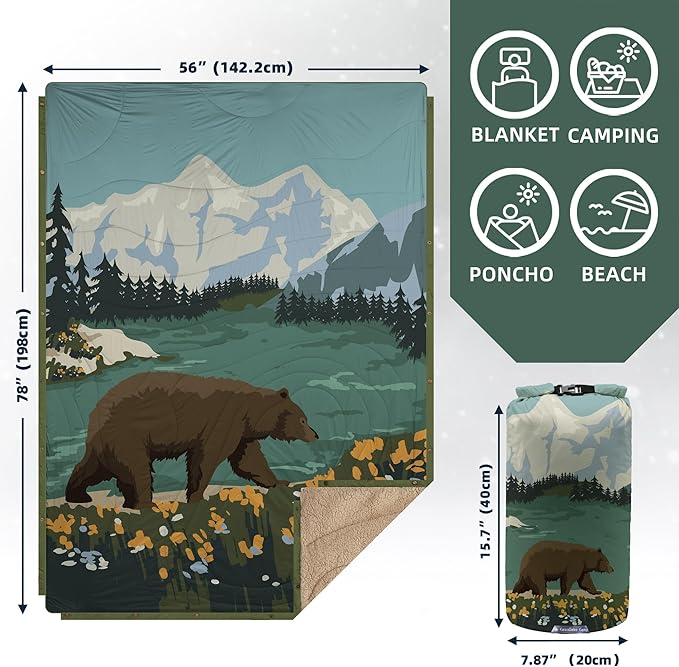 Outdoor Camping Blanket with Sherpa Lining, Extra Warm Thick Camp Blankets & Puffy Ultralight Soft Poncho DWR Camping Quilt for Cold Weather, Adventure,Sleeping,Backpacking 78"x 56"