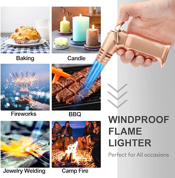 Torch Lighter, Quad 4 Jet Flame Windproof Butane Lighter with Safety Lock Adjustable Refillable Lighter for Kitchen Grill BBQ Candle Camping (Butane NOT Included) (Gold)