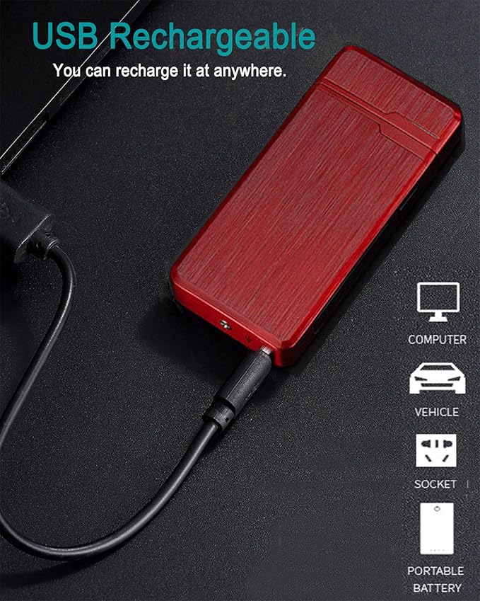 Electric Lighter, USB Rechargeable Lighter, Plasma Dual Arc Lighter, Windproof Flameless Lighter, Pocket Metal Lighter with LED Battery Indication for Candles, Incense, Camping (220mAh, Red)