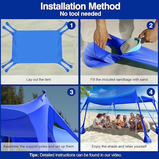 Rhino Valley Beach Tent Sun Shelter, Beach Canopy Tent Sun Shade UPF50+ Protection with 8 Sandbags 4 Stability Poles, Outdoor Beach Shade Canopy for Beach, Camping, Fishing