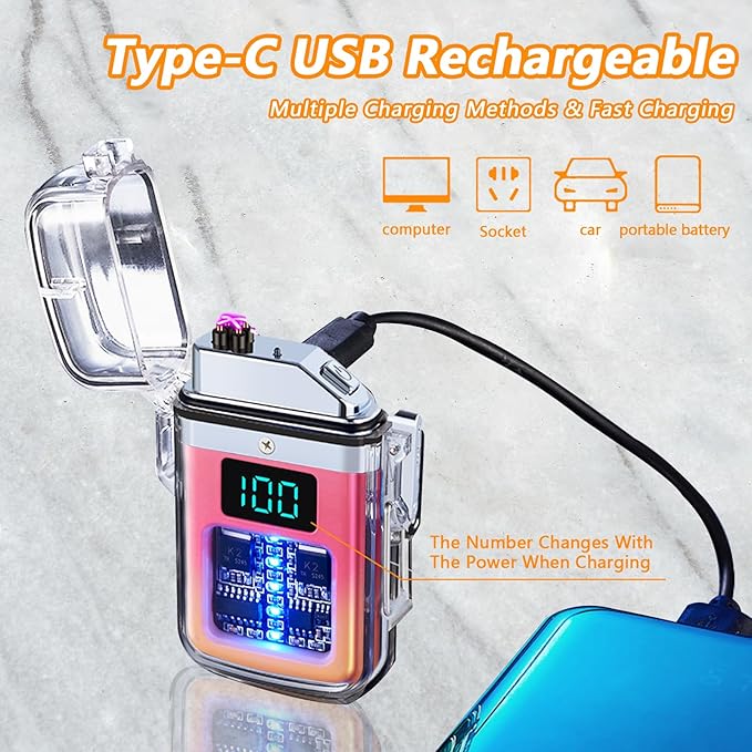 BABOBIU Electric Lighter Rechargeable Lighter Portable Windproof Lighter Flameless Camping Lighter with Double Plasma Arc Gift for Men, Friend, Colleague (Yellow Pink)