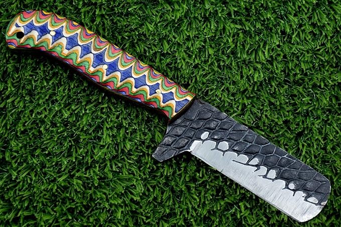 Carbon steel blade Bull cutter knife, 8.5 inches long knife with Leather sheath, Multi color Micarta scale Jigged with sturls, Embossed carbon steel blade