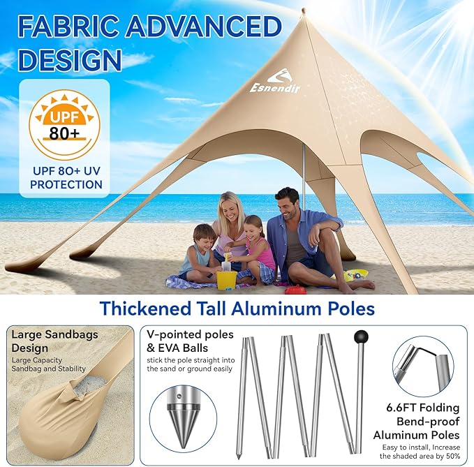 Beach Tent Sun Shelter & Portable Beach Canopy UPF 80+ UV Protection, Beach Shade Canopy with 6 Sandbags, Sand Shovel Ground Pegs for Outdoor Camping, Picnics (Beige,12x12FT)