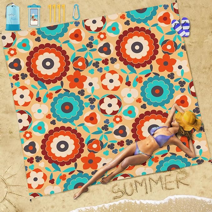 Beach Blanket Sandproof Waterproof 78''×81''1-5Adults Oversized,Compact Lightweight Durable Beach Mat for Travel Camping Hiking Picnic Blanket