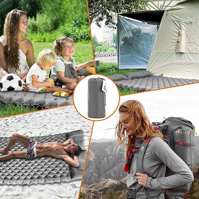 ONTYZZ Double Ultralight Inflatable Sleeping Mat 2 Person Camping Sleeping Pad Waterproof Sleeping Pad Built-in Foot Pump for Camping, Grey