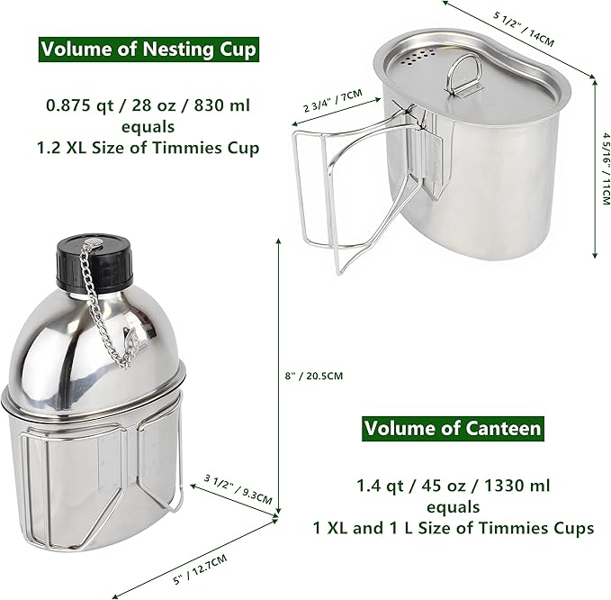 MASTIFF GEARS® 304 (18/8) Stainless Steel (FDA Compliant) US G.I Style Canteen Kit Cooking Set Camping Canteen Mess Kit with Cup, Lid, MOLLE Pouch for Camping