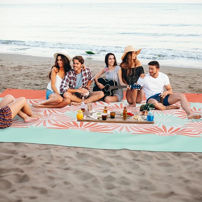 Mooreeke Beach Blanket Extra Large Oversized 9 x 11 ft, Colorful Flowers Sandproof Waterproof Quick Drying Lightweight Compact Outdoor Blanket Beach Mat for Family Travel Camping Picnic, 1-8 Adults
