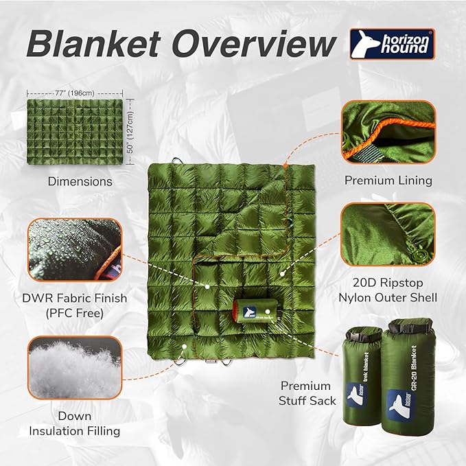 Horizon Hound Down Camping Blanket - Outdoor Travel Blanket | Sustainable Insulated Down | Lightweight & Warm Quilt for Camping, Stadium, Hiking & Festival | Water Resistant, Packable & Compact
