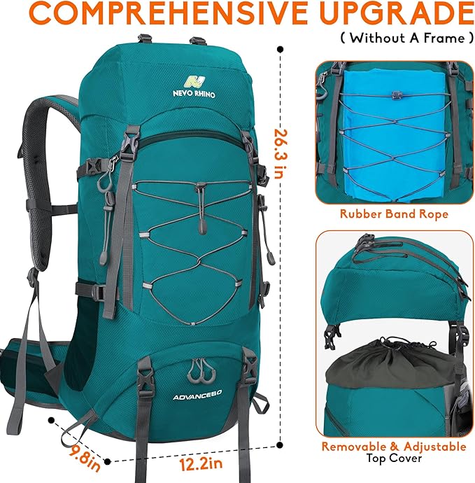 N NEVO RHINO Waterproof Hiking Backpack 50L/60L, Camping Backpack with Rain Cover, Hiking Travel Mountaineering Backpack