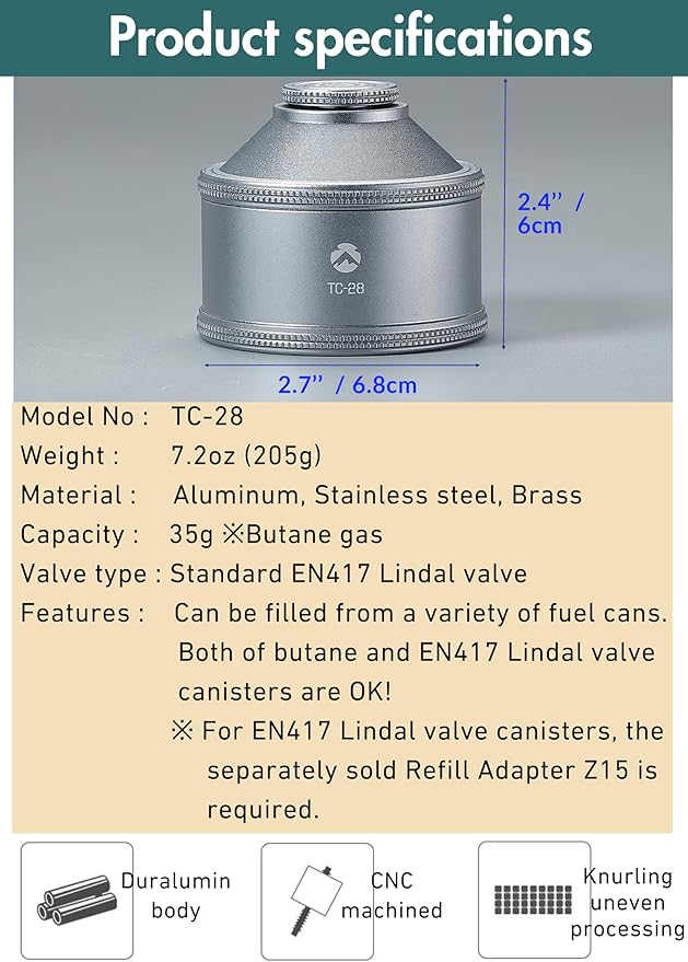 CAMPINGMOON Empty Refillable Cylinder 35g Standard for Backpacking Camping EN417 Lindal Valve Silver TC-28