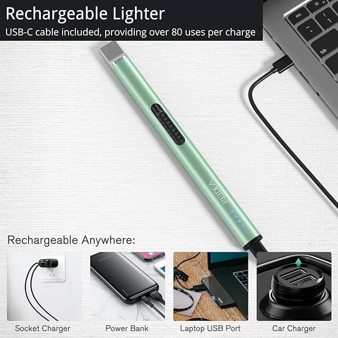 Electric Lighter 2 Pack REIDEA S4 Pro USB Rechargeable Safety Lock with LED Battery Indicator Flameless Windproof Arc Plasma Lighter for Candle, Fireworks (Mint Green)