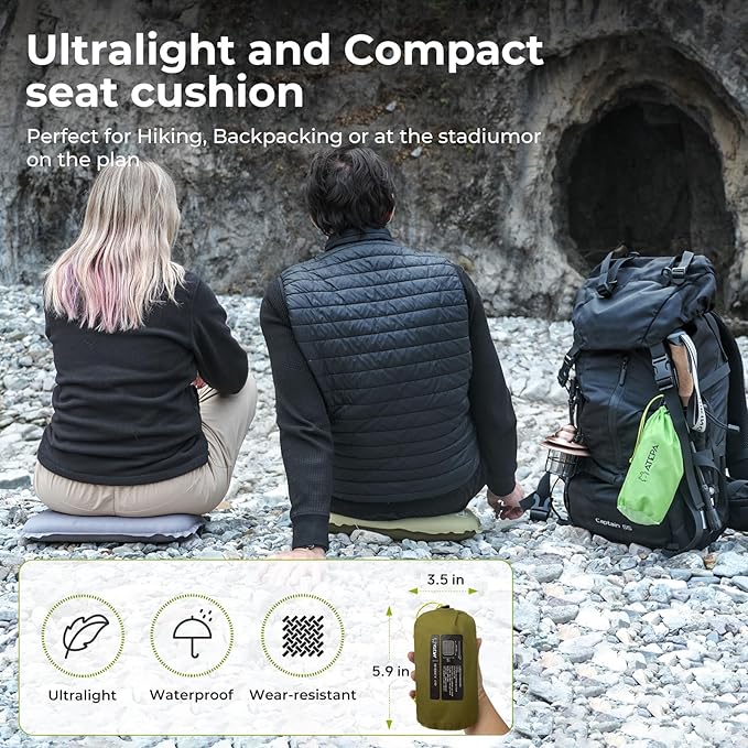 ATEPA Inflatable Seat Cushion Lightweight Self-Inflatable Memory Foam Seat Cushion for Stadium Airplane Trevel, Waterproof Portable Seat Cushion Best for Backpacking Camping Chair Pad, Olive Green