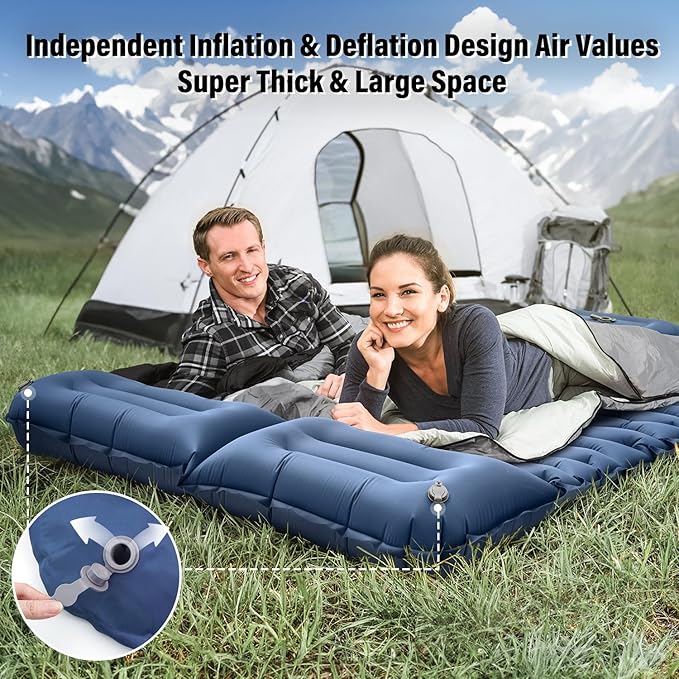 Double Sleeping Pad for Camping, Blue Inflatable Sleeping Mat with Pillow, Ultralight 2 Person Camping Pad with Built-in Foot Pump for Backpacking, Hiking, Tent, Portable Camping Mattress