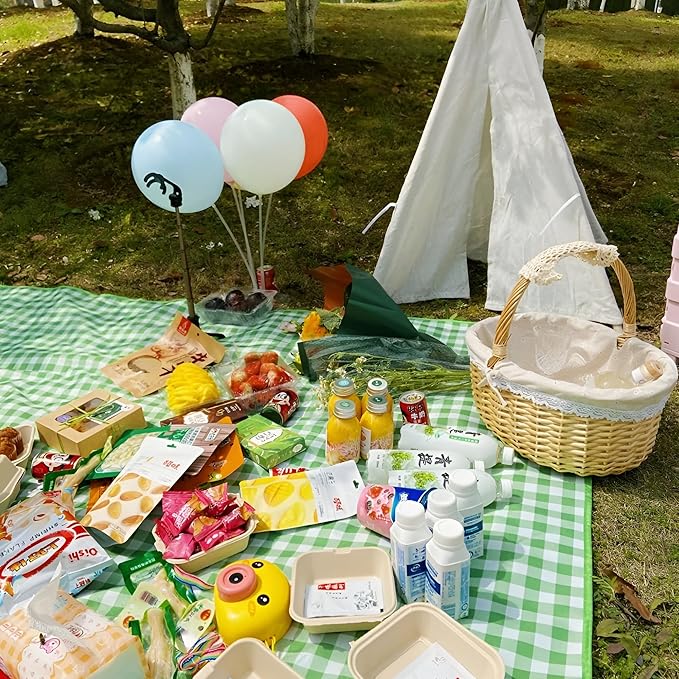 YU FENG Green Picnic Blanket Gingham Foldable Camping Blankets Waterproof Sandproof Outdoor Beach Mat Lightweight Handbag Spring Summer (60x80 inch)