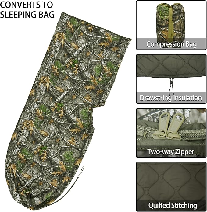 Poncho Liner Hoodie with Pocket Insulated Military Woobie Sleeping Bag Waterproof for Outdoor Camping Travel Survival Hunting Car Emergency