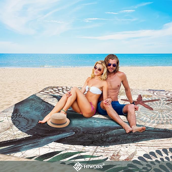 Beach Blanket Waterproof Sandproof Oversized 95”x 80”,Sand Free Beach Mat with Corner Pockets,Portable Mesh Bag for Beach Festival,Picnic,Travel and Outdoor Camping (Dolphin)