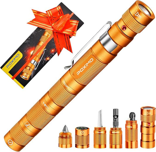 Gifts for Men Women POXIMO EDC Multitool 5-in-1 Tactical Survival Gear with Flashlight, Lighter(No Fuel), Glass Breaker, Whistle, Cutter, Compass, A Cool Birthday Gift, Nice Camping Tool Kit