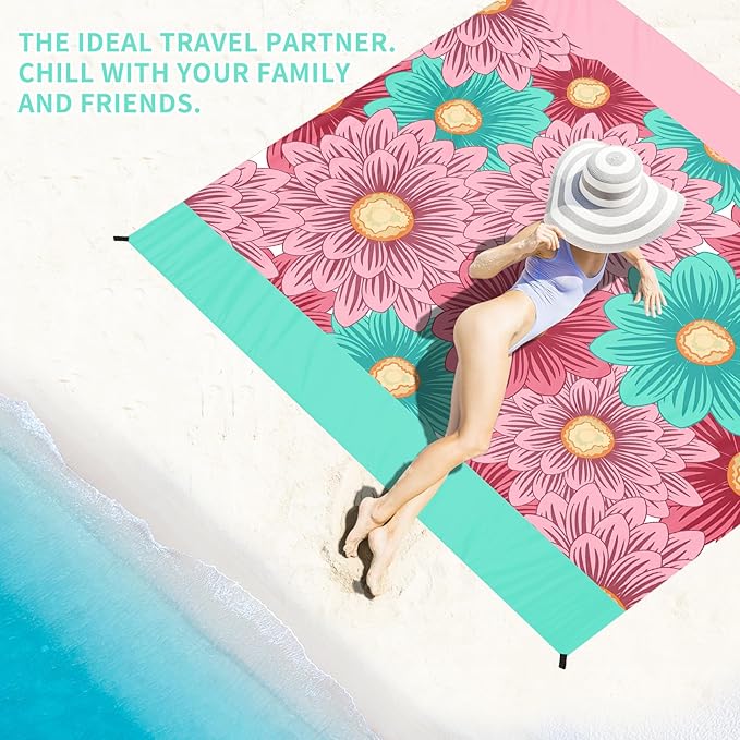 BYDOLL Beach Blanket Sandproof Waterproof 78''×81'' 1-4 Adults Floral Compact Lightweight Oversized Beach Blanket Large Picnic Mat Beach Blanket for Travel Camping Hiking Picnic