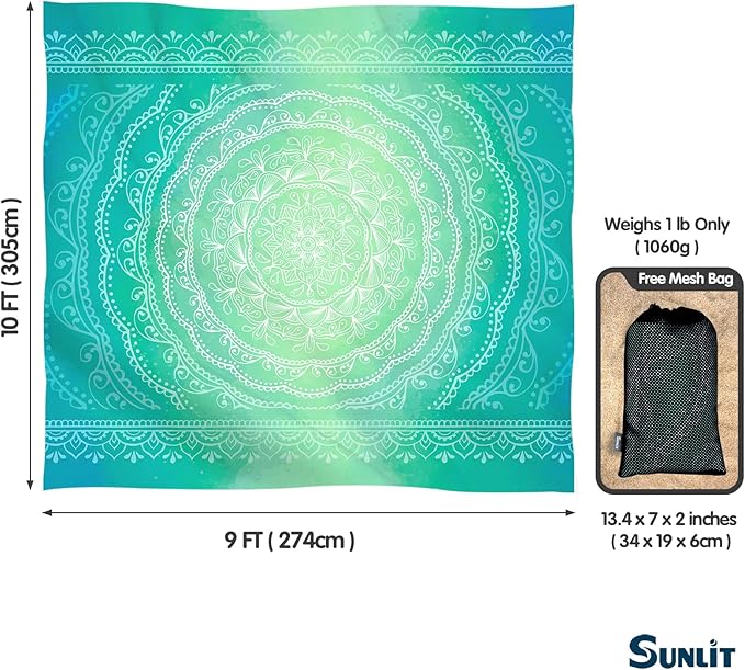 Sunlit 10'x9' Extra Large Boho Sand Proof Beach Blanket, Sand Proof Mat with Corner Pockets and Mesh Bag for Beach Party, Travel, Camping and Outdoor Music Festival, Bright Turquoise Mandala