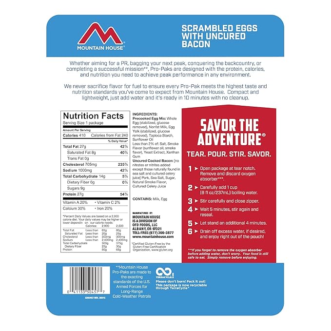 Mountain House Scrambled Eggs with Bacon Pro-Pak | Freeze Dried Backpacking & Camping Food | One Serving | Gluten-Free