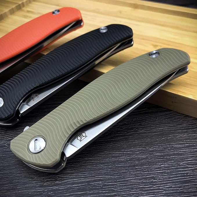 HUAAO Folding Knife, 3.7'' D2 Steel Blade with G10 Handle, Pocket Knife with Clip EDC Flipper Knife for Outdoor Camping Survival (green)