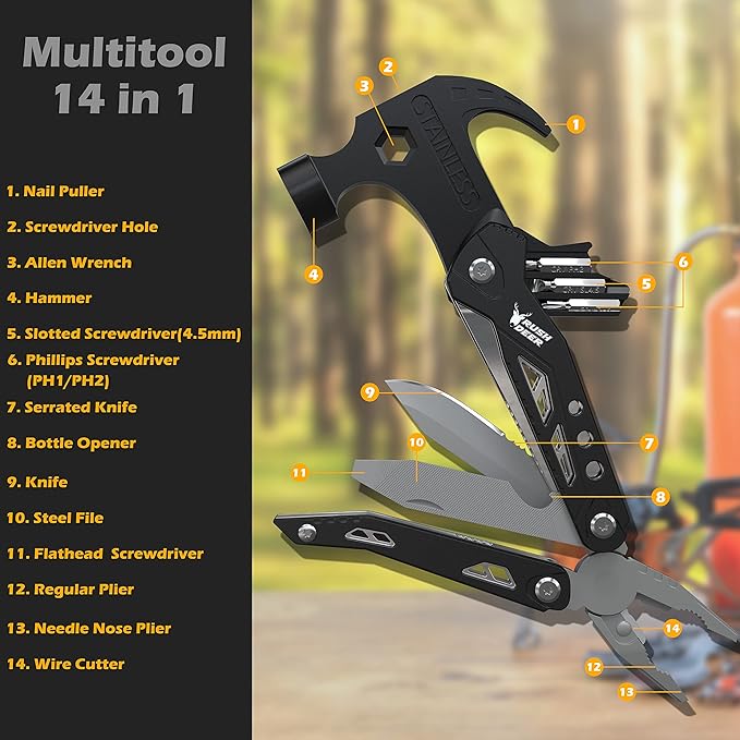 Gifts for Men Dad,14 in 1 Hammer Multitool Pliers Bottle Opener Screwdrivers,Camping Survival Gear,Cool Gadgets for Hiking Outdoor,Anniversary Birthday Gifts Christmas Stocking Stuffers for Men Boys