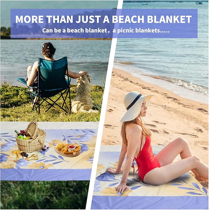 Beach Blanket Waterproof Sandproof, Picnic Blanket, Large Beach Mat 4-7 Adults, Lightweight Durable Beach Mat Sand Free Quick Drying for Beach Travel Camping Hiking Picnic 79"x79"