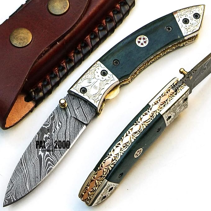PAL 2000 KNIVES FOL-9455 Handmade Damascus Blade Hunting knife 7.4 Inches Folding Pocket Knife Stained Camel Bone Handle