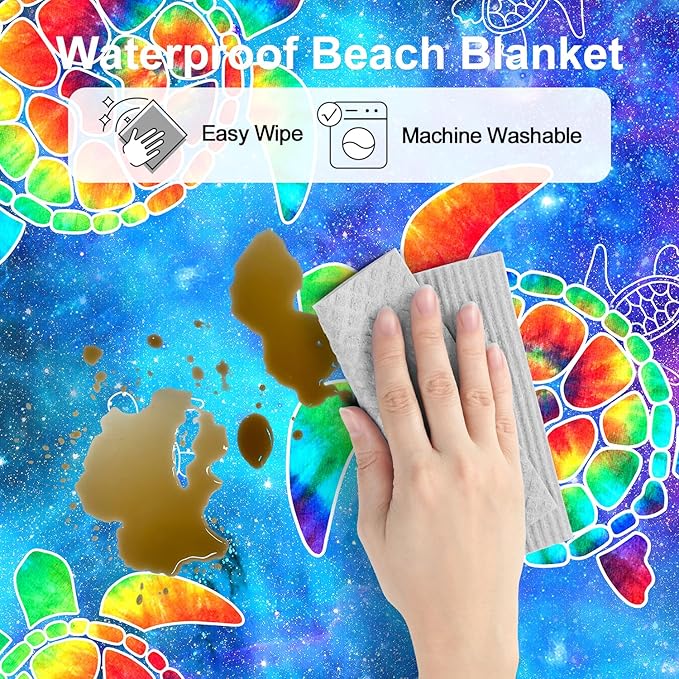 78''×86'' Large Beach Blanket 4 Adults, Sand Free Waterproof Outdoor Beach Mat with 4 Stakes & 4 Pockets, Polyester Lightweight Foldable Picnic Blanket for Travel, Camping, Hiking - Galactic Turtles